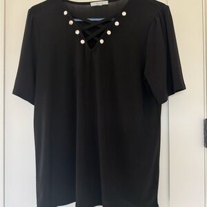 89th and Madison Women's Black Blouse with Strappy Chest and Stud Details XL